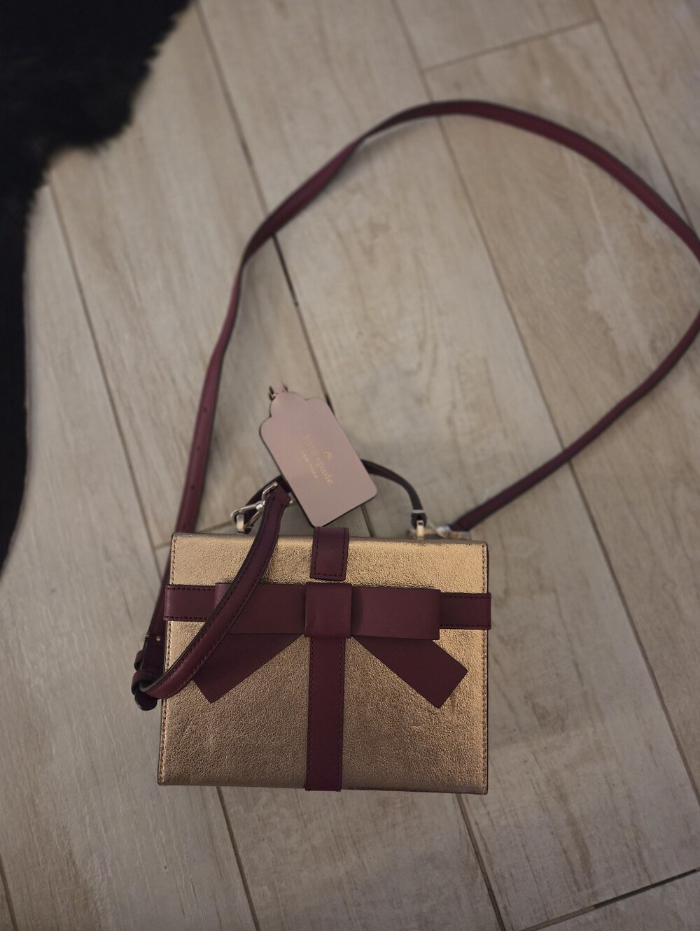 kate spade Gold Metallic Box Crossbody with Burgundy Bow Accent